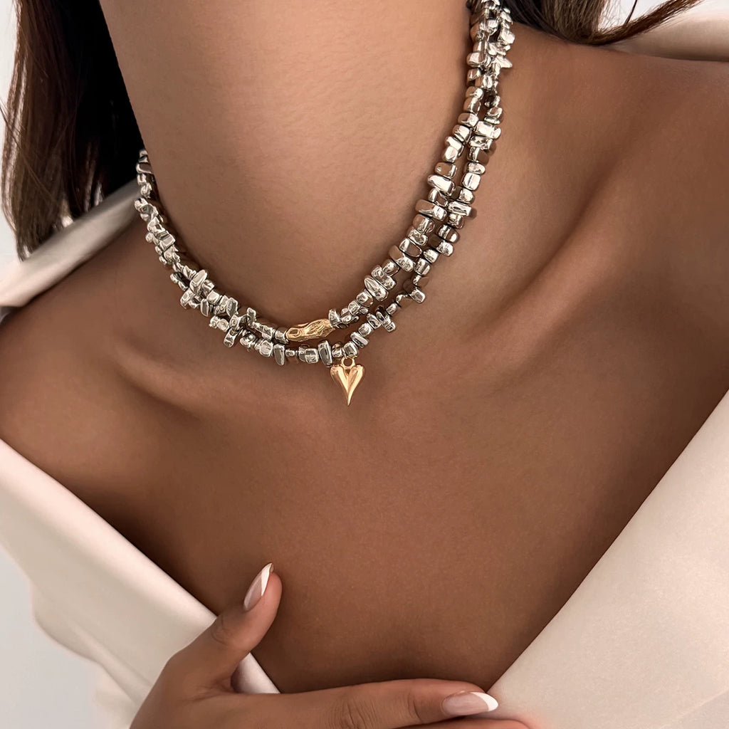 2-Piece Heart Shaped CCB Necklace Set for Men and Women – Hip Hop Style Matching Necklace Jewelry, Trendy Fashion Accessories