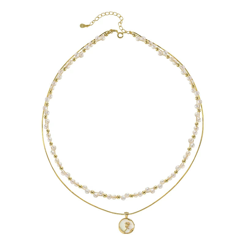 Baroque Pearl Double Layer Braided Necklace for Women – Rose Flower Pendant Clavicle Chain