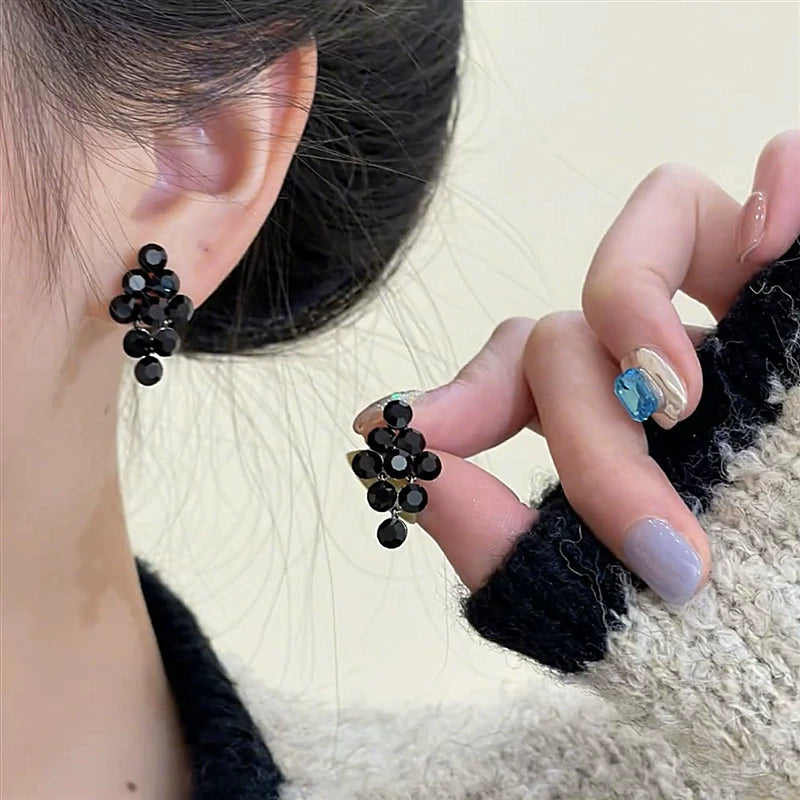 Black Crystal Earrings for Women – S925 Silver Needle Minimalist Drop Earrings