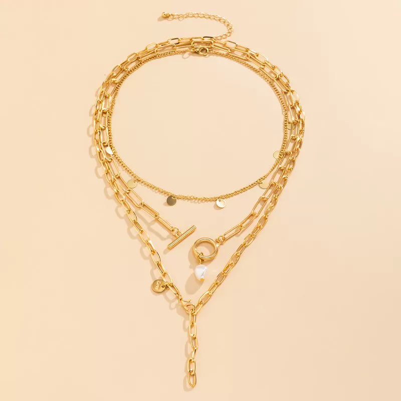 3-Piece OT Buckle Cross Chain Necklace Set – Layered Clavicle Chain Design