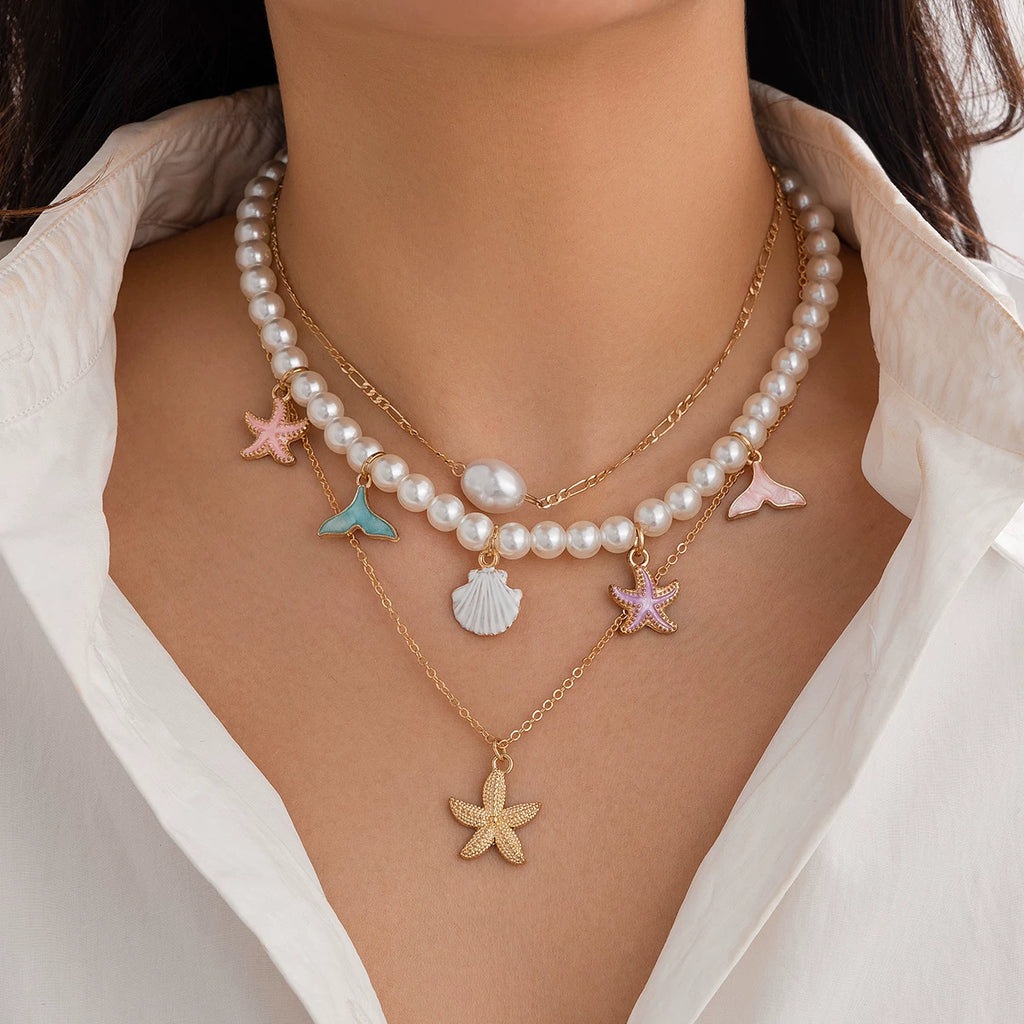 3-Piece Starfish & Scallop Imitation Pearl Necklace Set – Layered Clavicle Chain Design
