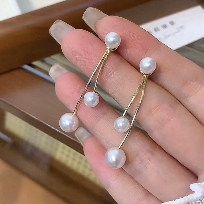 Pearl Tassel Earrings for Women – S925 Silver Needle Long Drop Korean Style Earrings