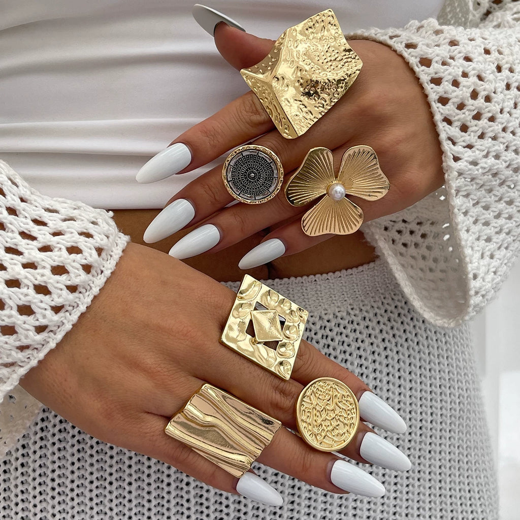 Geometric Square Round Women'S Flower Ring 2025 Spring Fashion Hip-Hop Niche Design Internet Celebrity Travel Photography Style Ring