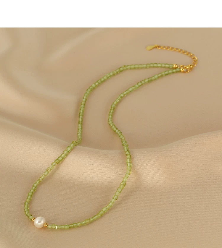 Natural Peridot and Freshwater Pearl Double Layer Clavicle Necklace for Women – Layered Stone and Pearl Necklace