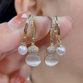 Cat Eye Stone Gourd Pearl Stud Earrings for Women – Elegant Pearl Ear Button Fashion Jewelry