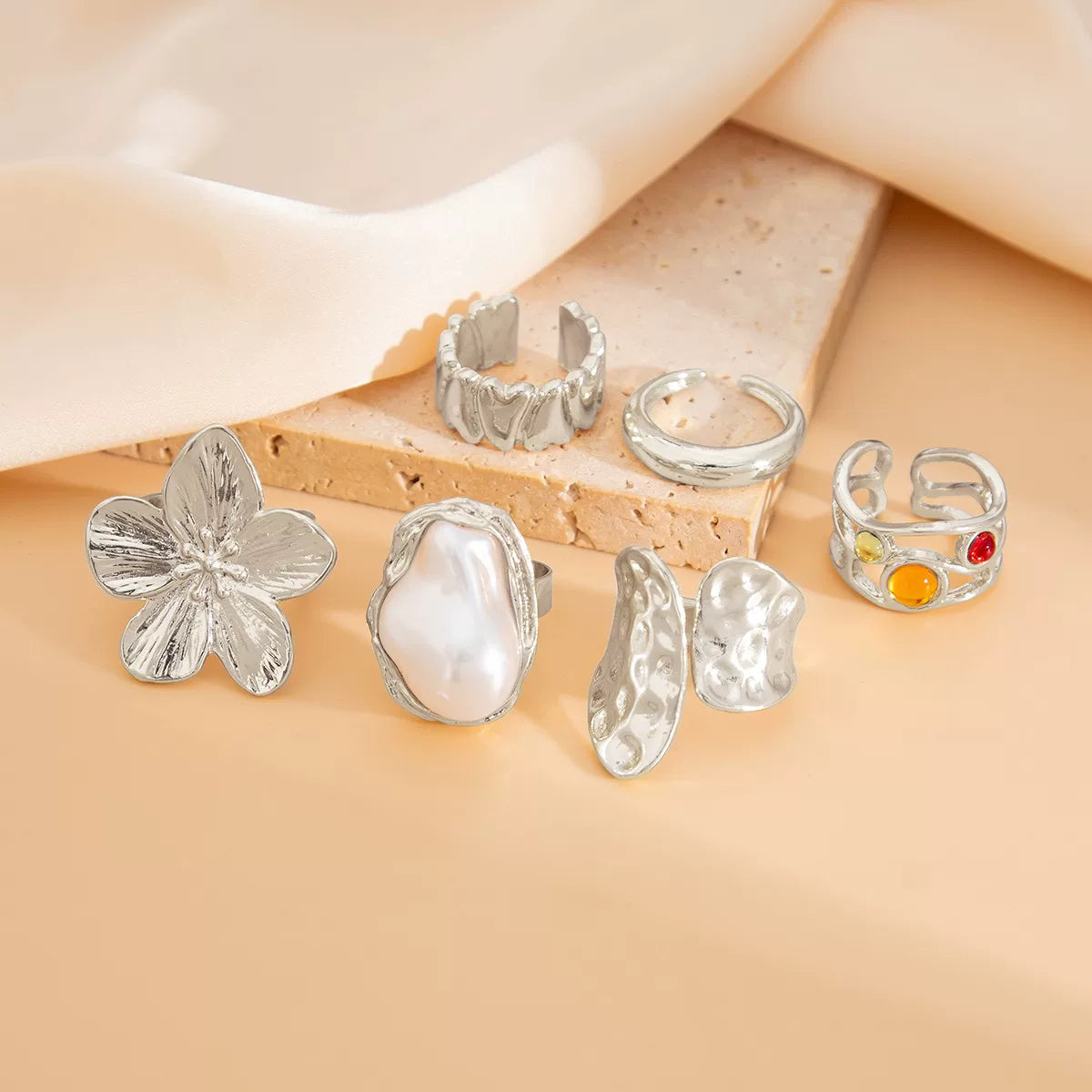 6-Piece Baroque Flower Imitation Pearl Ring Set, Trendy Personalized Fashion Internet Celebrity Style Ring Set