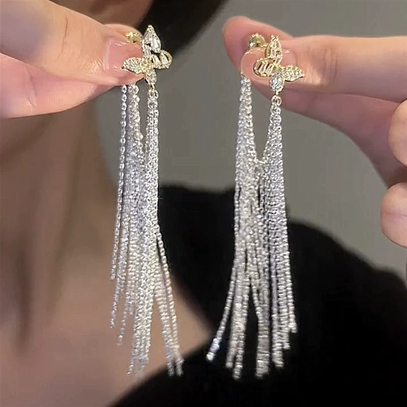 Butterfly Galaxy Tassel Earrings for Women – Silver Needle Long Drop Earrings, Lightweight Fashion Jewelry