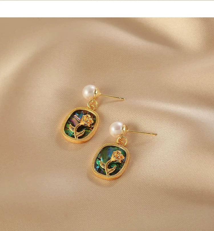 Geometric Mother-of-Pearl Earrings for Women – Rose Mirror Finish Retro Style Fashion Earrings