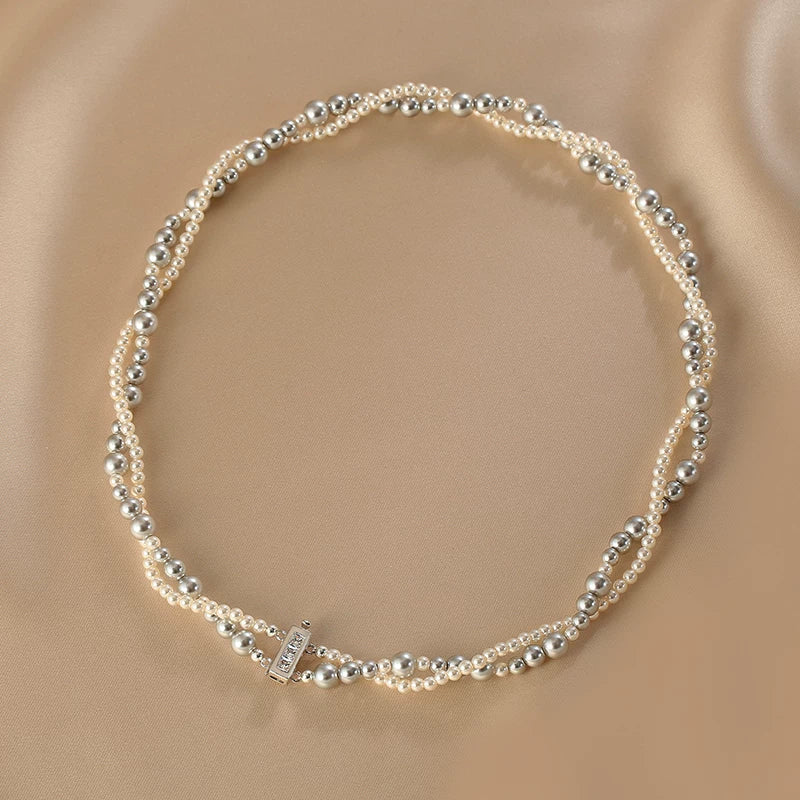 Multi-Color Pearl Double Layer Choker Necklace for Women – Stacked Clavicle Chain