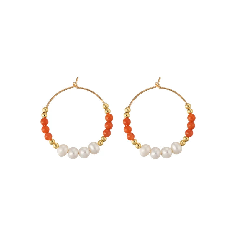 Natural Freshwater Pearl Red Agate Circle Earrings for Women – Chinese Style Round Fashion Earrings