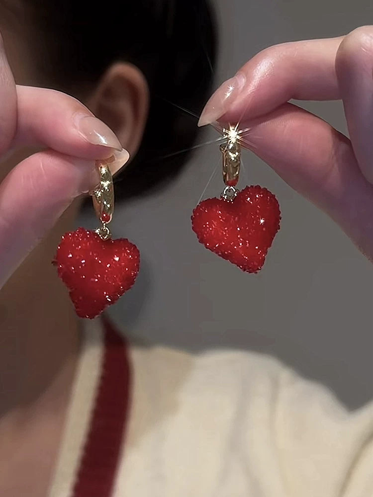 Candy Red Peach Heart Earrings for Women – Copper Alloy Retro Hong Kong Style Fashion Earrings