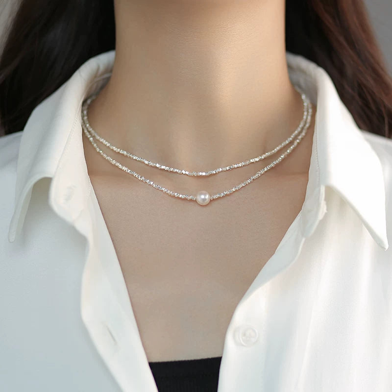 Broken Silver Style Pearl Necklace for Women – 925 Sterling Silver Fine Chain Clavicle Necklace