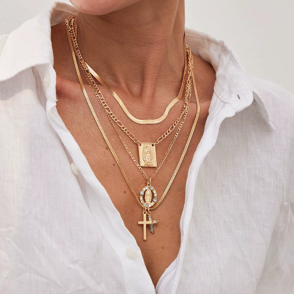 4-Piece Cross Flat Snake Bone Necklace Set – Layered Clavicle Chain Design