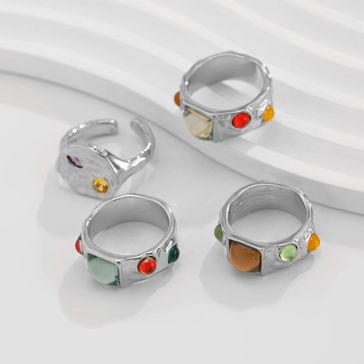4 Piece Color Gemstone Ring Set European And American Autumn Trendy Up To Luxury Niche Design Photo Travel Accessories
