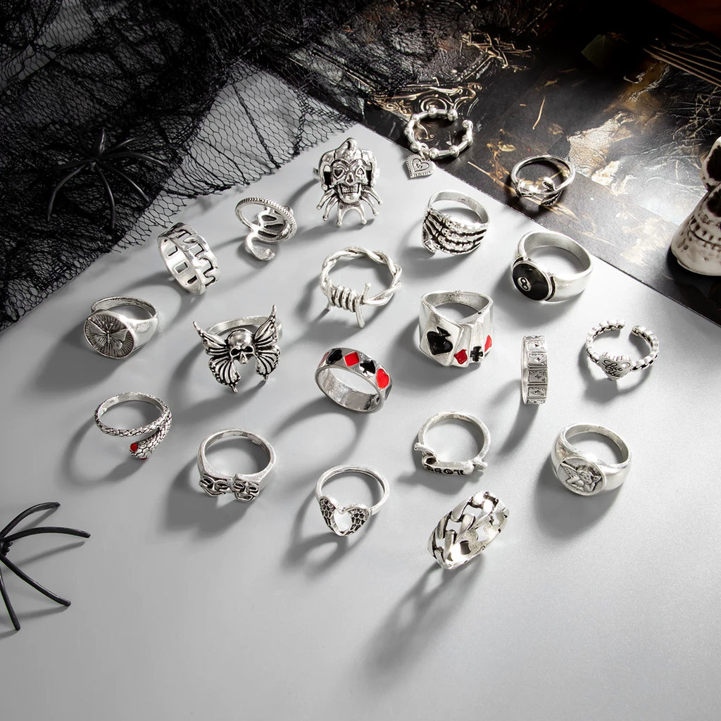 20-Piece Metal Poker Animal Ring Set, Gothic Style Retro Hip-Hop Fashion Festival Matching Ring Combination