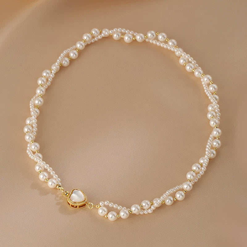 Shijia Pearl Necklace Women'S Light Luxury Advanced Double-Layer Wrap Twist Neck Bracelet French European And American Fritillaria Love Clavicle Bracelet