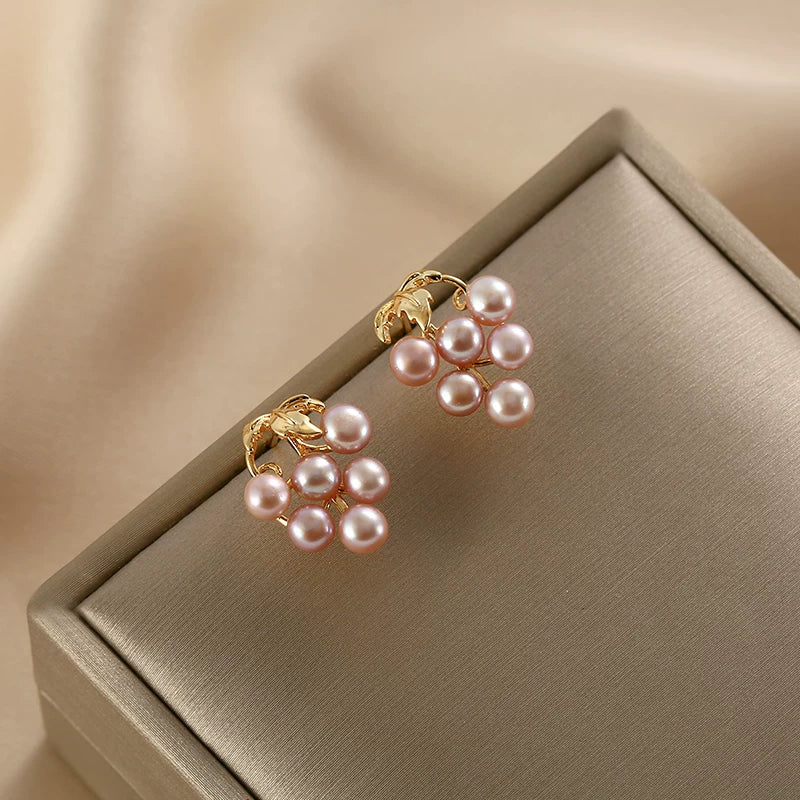 Pink and Purple Grape Cluster Freshwater Pearl Earrings for Women – European and American Style Millet Pearl Earrings