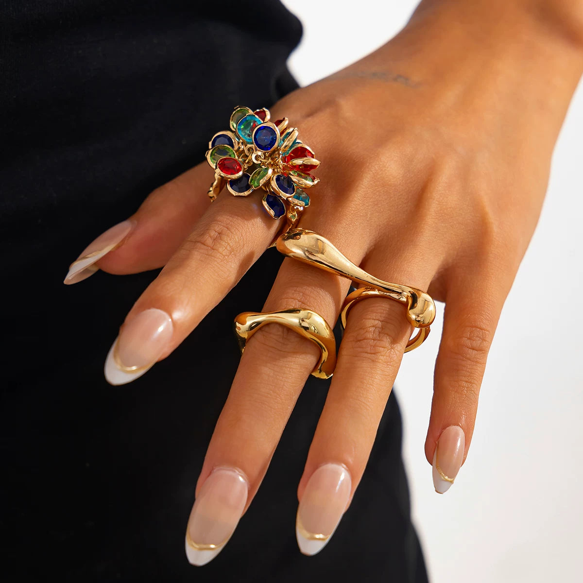 3-Piece Crystal Comma Ring Set European And American Vintage Fashion Girls Photo Shoot With Accessories Trendy