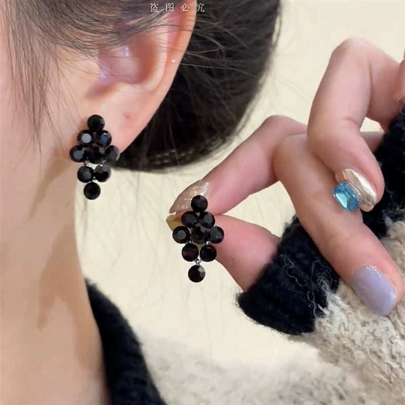 Black Crystal Earrings for Women – S925 Silver Needle Minimalist Drop Earrings