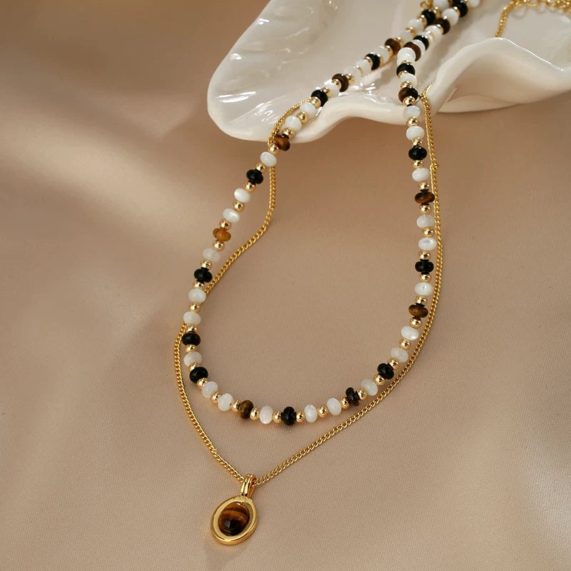 Double Layer Mother-of-Pearl Necklace for Women – Tiger Eye Stone Pendant Agate Clavicle Chain