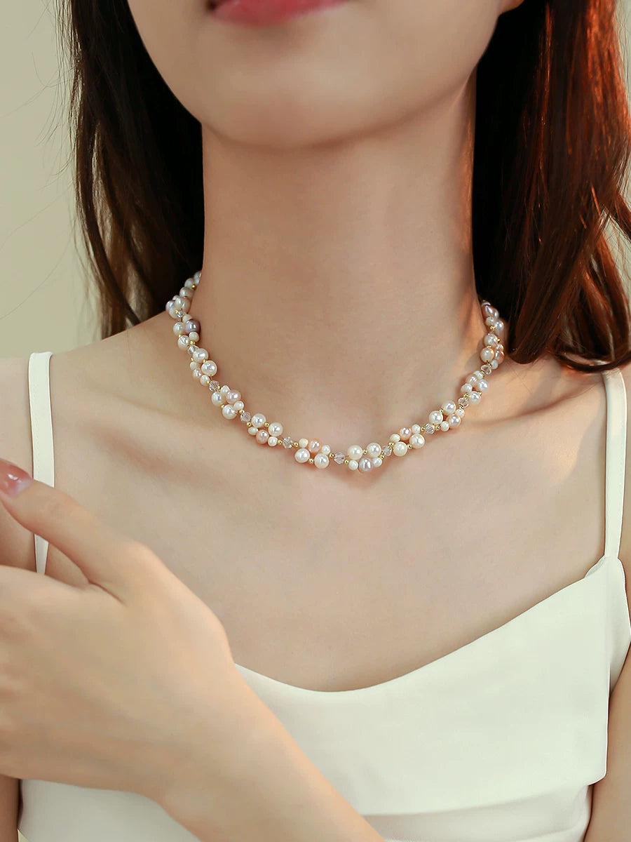 Double Layer Braided Natural Pearl Necklace and Bracelet Set for Women – Beaded Jewelry Set