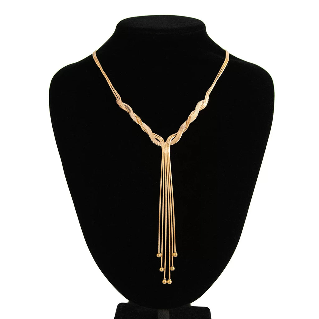 Love V Gold Knotted Tassel Snake Chain Long Necklace for Women – European & American Style 2025 Trendy Sweater Chain Jewelry