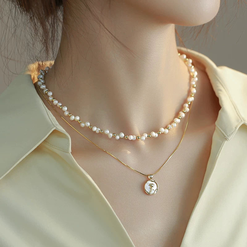 Baroque Pearl Double Layer Braided Necklace for Women – Rose Flower Pendant Clavicle Chain