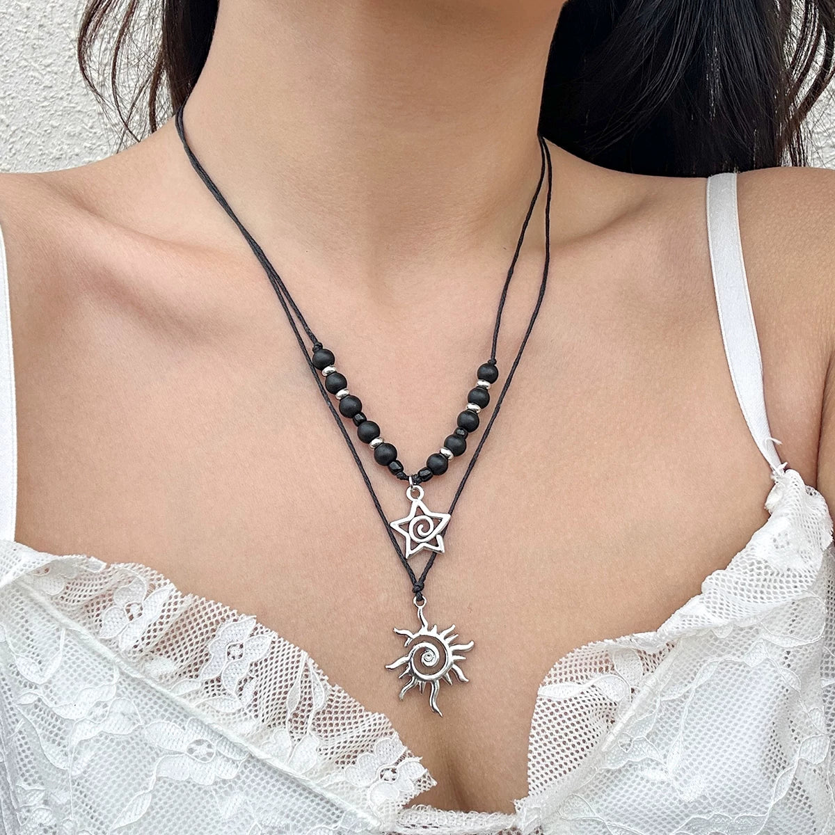 2-Piece Sun & Five-Pointed Star Frosted Bead Wax Thread Necklace Set – Long Clavicle Chain Design