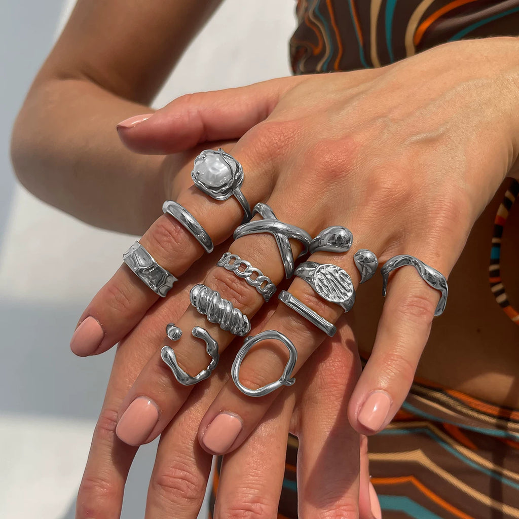 12-Piece Irregular Ring Metal Finger Set 2025 Summer Fashion Personality Internet Celebrity Temperament Stacked Ring Combination