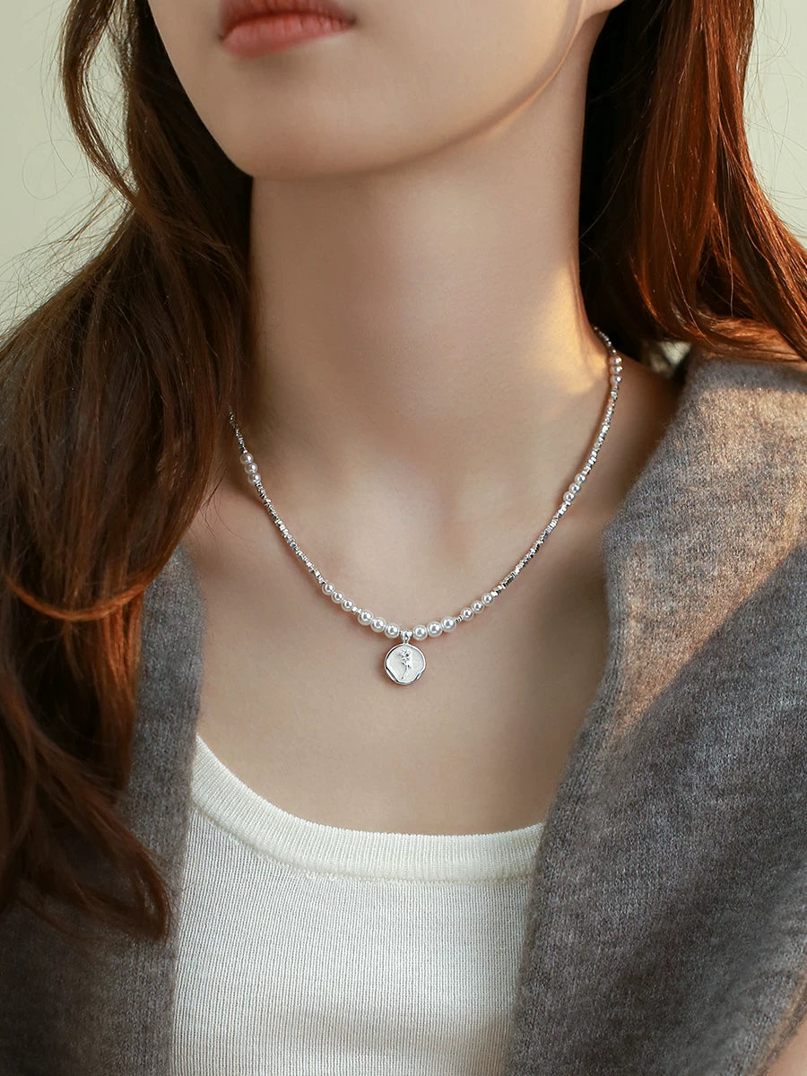 Broken Silver Style Natural Pearl Necklace for Women – S925 Silver Drip Glaze Rose Pendant Clavicle Chain