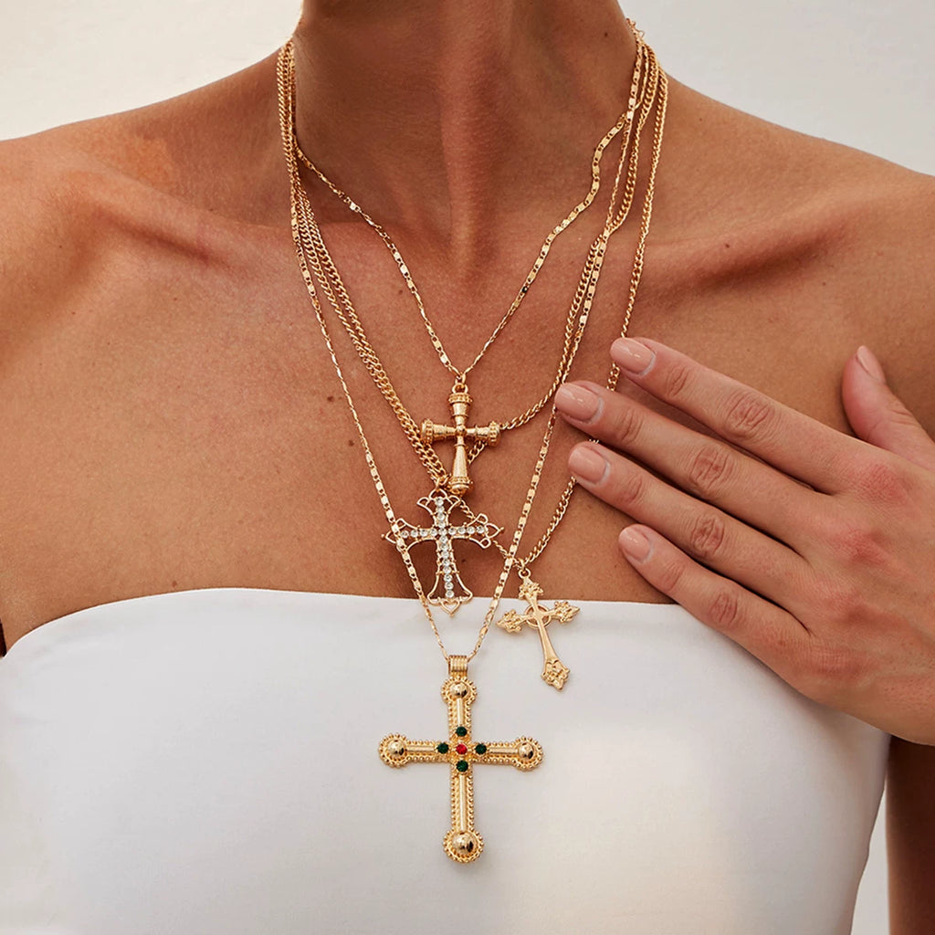 4-Piece Diamond-Style Cross Necklace Set for Women – Layered Clavicle Chain Design