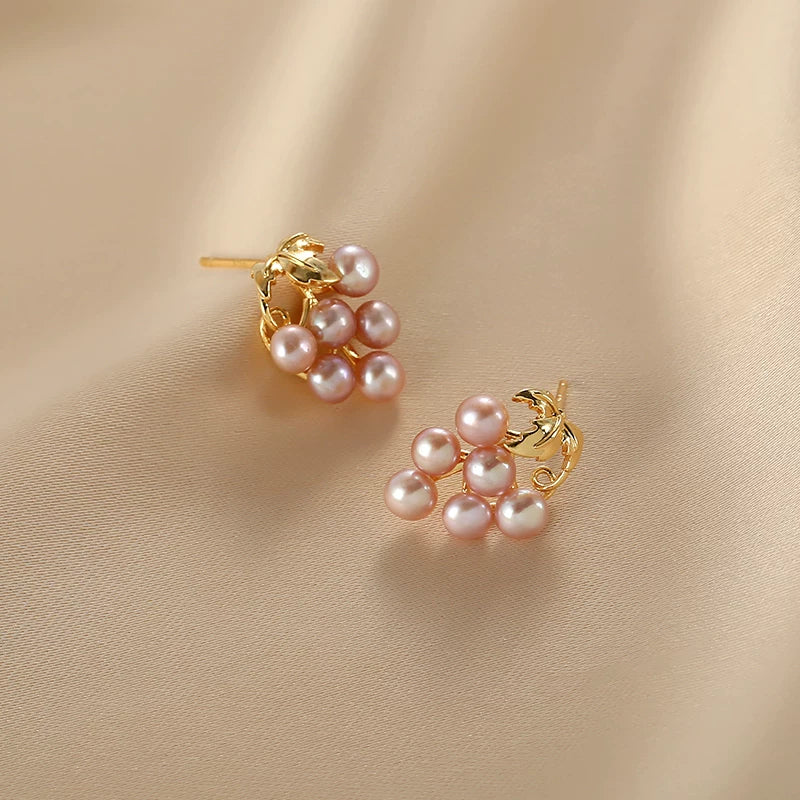 Pink and Purple Grape Cluster Freshwater Pearl Earrings for Women – European and American Style Millet Pearl Earrings