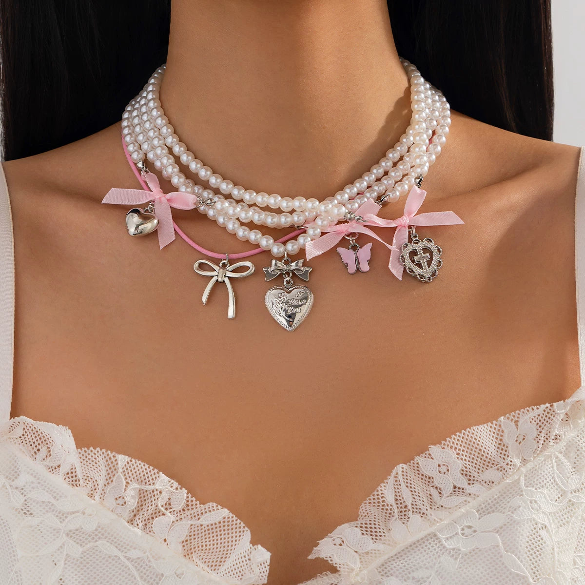 5-Piece Peach Heart & Bow Imitation Pearl Necklace Set – Layered Clavicle Chain Design