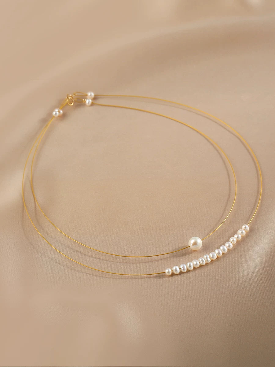Natural Pearl Layered Clavicle Necklace for Women – 14K Gold-Filled Chain Necklace