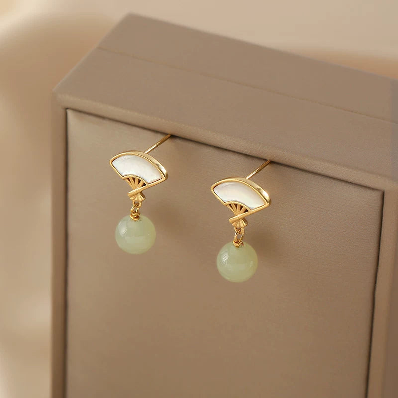 Natural Freshwater Pearl Fan-Shaped Mother-of-Pearl Earrings for Women – Jade Accent Fashion Earrings