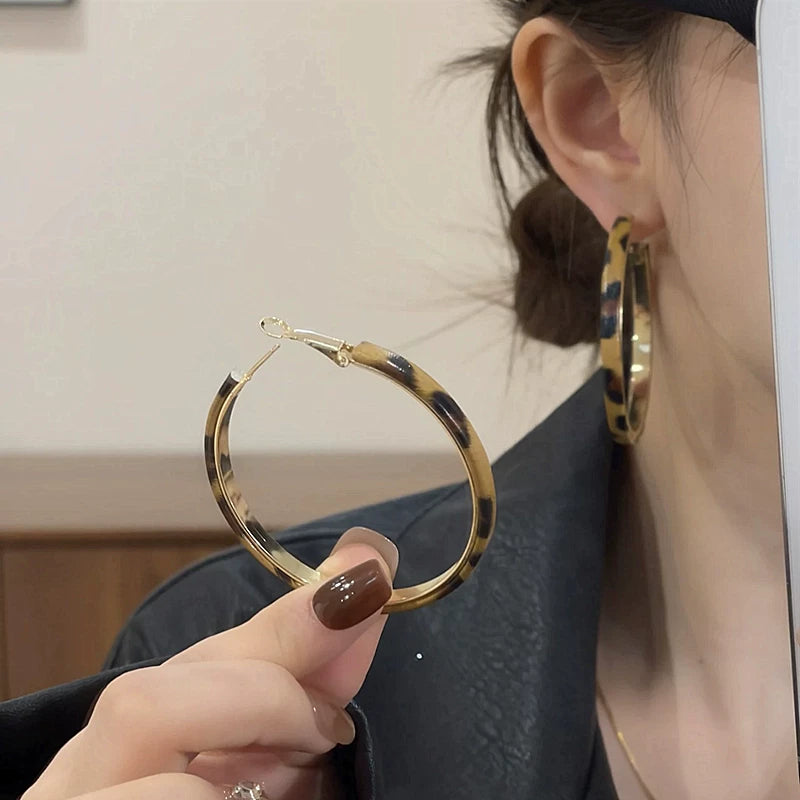 Leopard Print Hoop Earrings for Women – S925 Silver Needle Retro Large Round Earrings