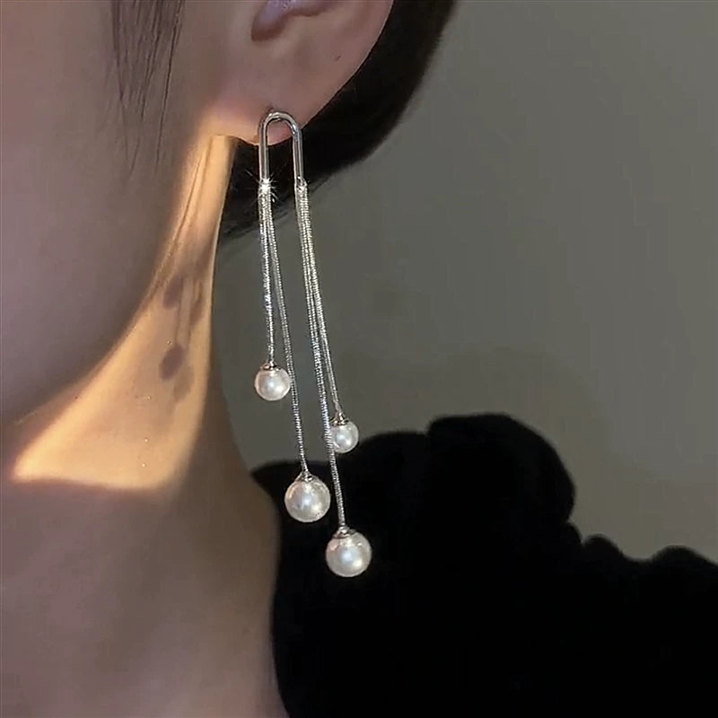 S925 Silver Needle Pearl Tassel Earrings for Women – Long Drop Korean Style Earrings, Lightweight Fashion Jewelry