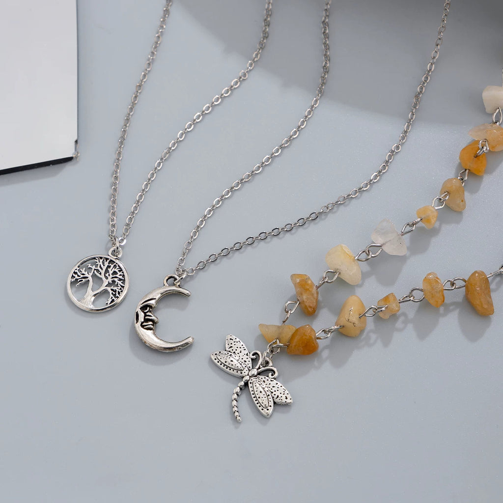 3-Piece Sunflower Moon & Butterfly Imitation Turquoise Necklace Set – Retro Layered Clavicle Chain