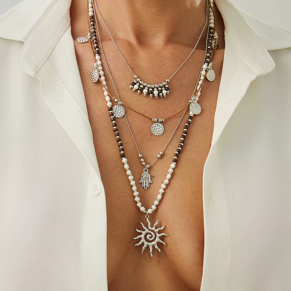 2-Piece Sun CCB Rice Bead Wax Thread Necklace Set – Layered Clavicle Chain Design