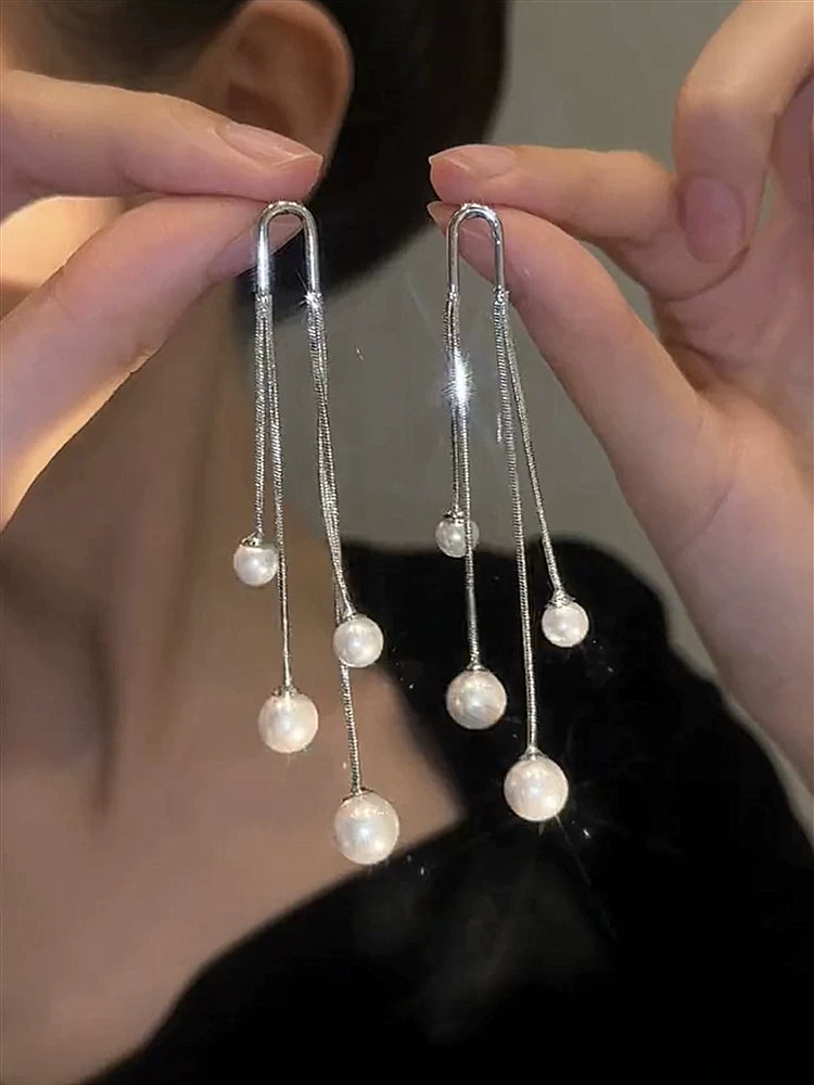S925 Silver Needle Pearl Tassel Earrings for Women – Long Drop Korean Style Earrings, Lightweight Fashion Jewelry