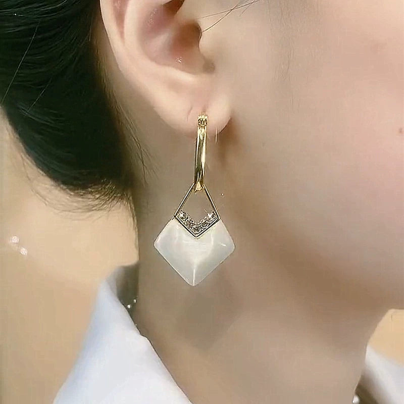 Geometric Rhombus Cat Eye Stone Earrings for Women – Ear Buckle Fashion Earrings