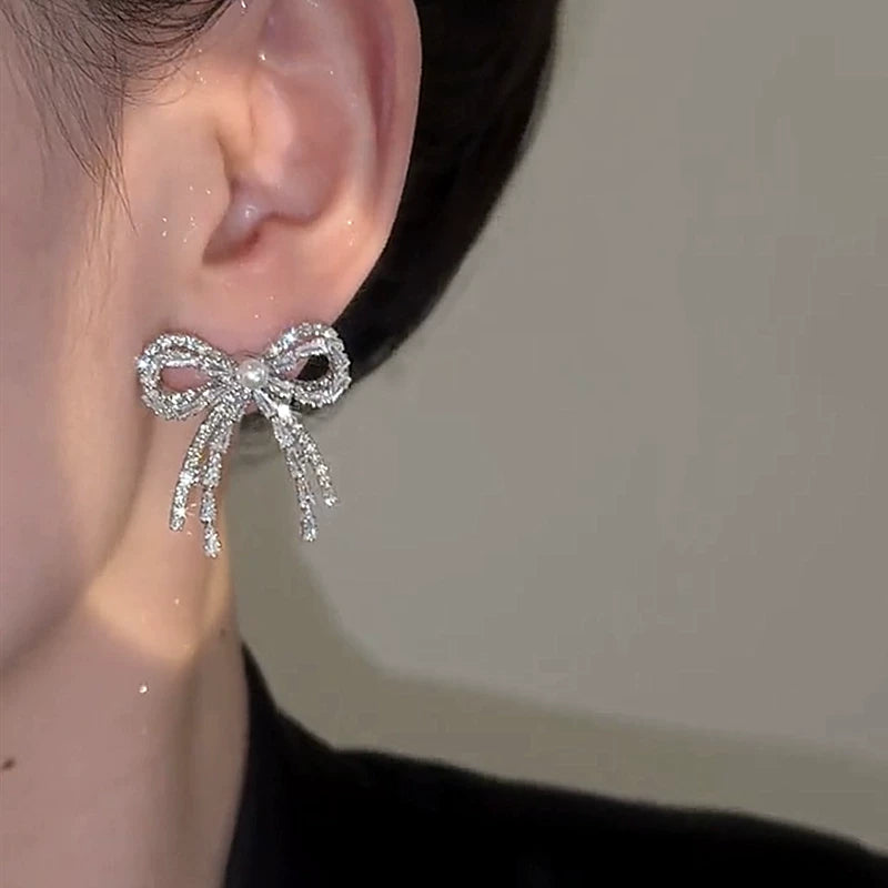 Zircon Bow Earrings for Women – S925 Silver Needle Drop Earrings, Elegant Fashion Jewelry