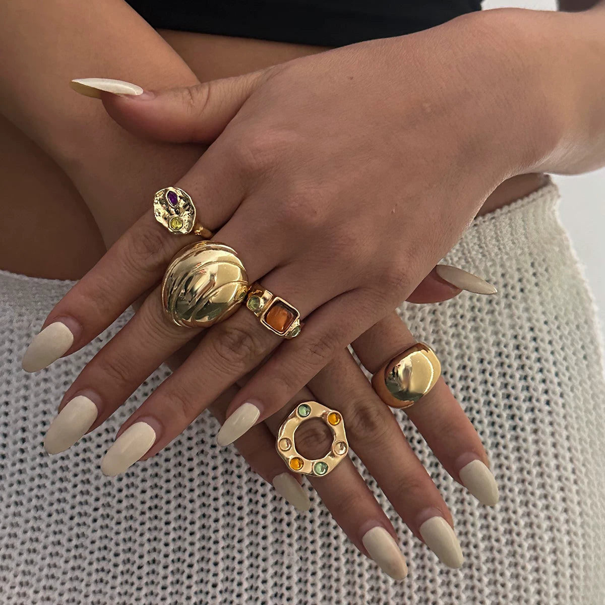 5-Piece Diamond Ring Set 2025 Summer Light Luxury Fashion Niche Design Outdoor Photo Accessories