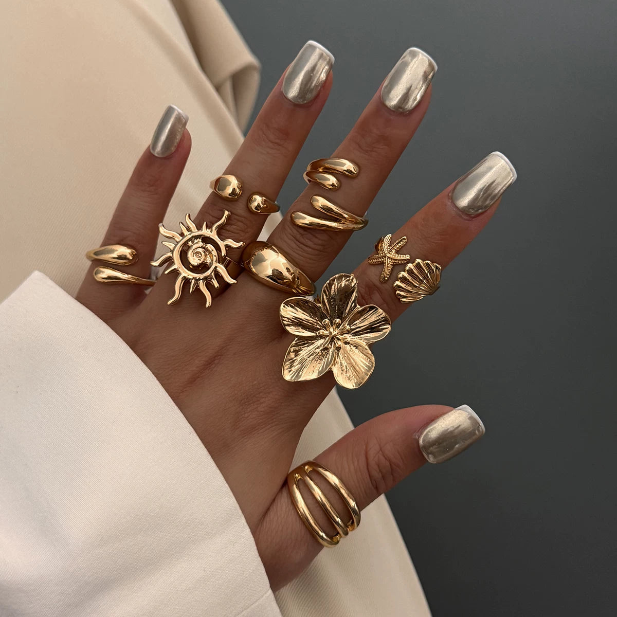 8-Piece Starfish Scallop Ring Set European And American Fashion Niche Design Model Stage Catwalk Accessories