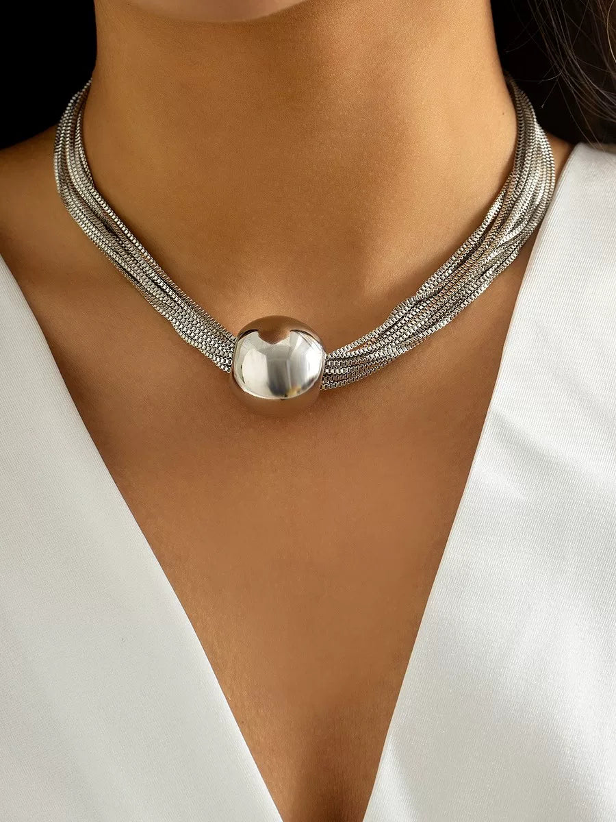 Love V Metal Ball Necklace for Women – European & American Retro Layered Titanium Steel Clavicle Chain Collar Jewelry