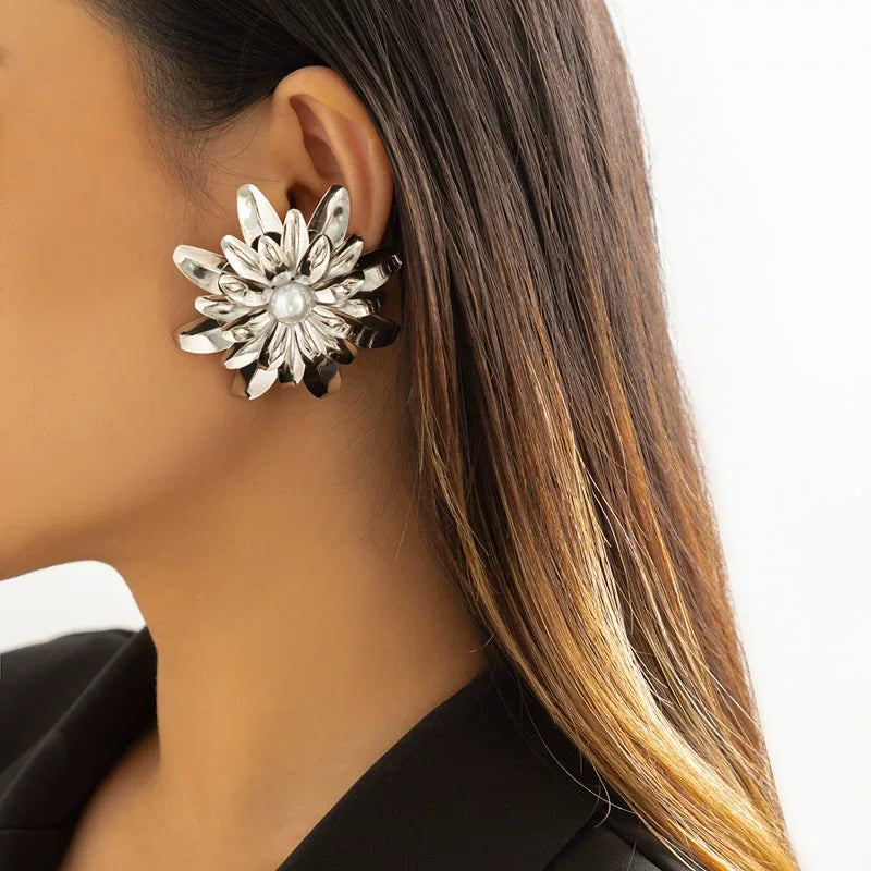 Imitation Pearl Metal Chrysanthemum Stud Earrings for Women – European & American Statement Floral Elegant Fashion Jewelry