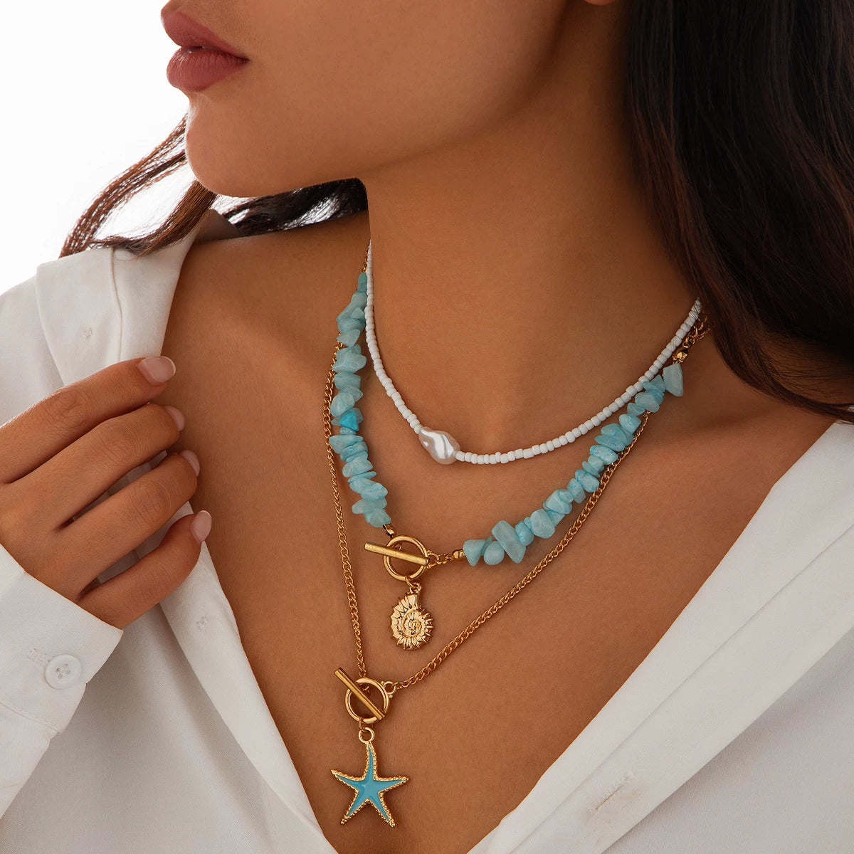 3-Piece Starfish Imitation Turquoise & Rice Bead Necklace Set – Layered Clavicle Chain Design
