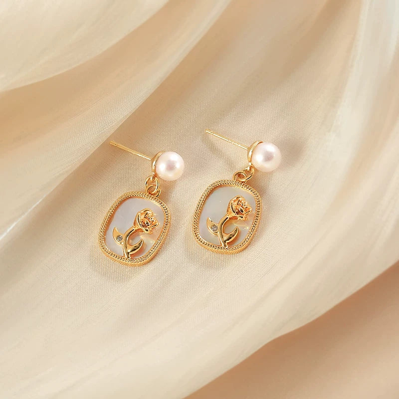 Geometric Mother-of-Pearl Earrings for Women – Rose Mirror Finish Retro Style Fashion Earrings