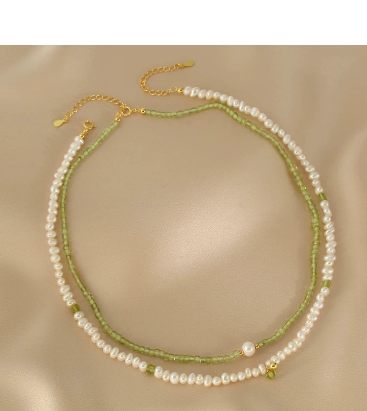Natural Peridot and Freshwater Pearl Double Layer Clavicle Necklace for Women – Layered Stone and Pearl Necklace