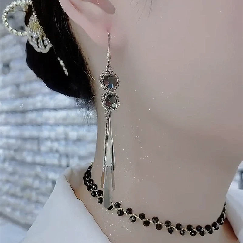 Crystal Long Tassel Earrings for Women – French Retro Style Drop Fashion Earrings